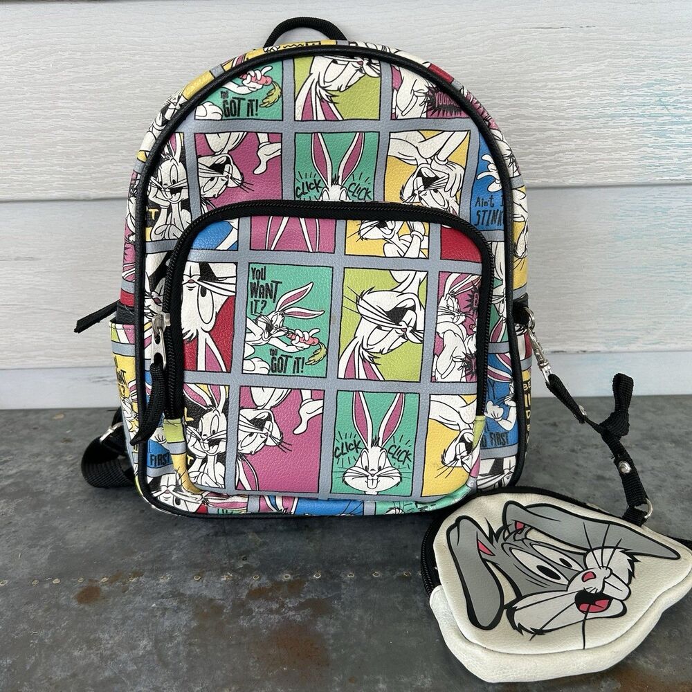 Looney Tunes Bugs Bunny Mini Backpack Faux Leather Comic Print Zip Coin Purse
